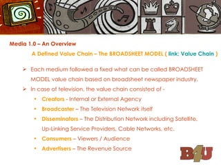 Media 1.0 – An Overview A Defined Value Chain – The BROADSHEET MODEL (  link: Value Chain  ) Each medium followed a fixed what can be called BROADSHEET MODEL value chain based on broadsheet newspaper industry. In case of television, the value chain consisted of - Creators  - Internal or External Agency Broadcaster  – The Television Network itself Disseminators  – The Distribution Network including Satellite, Up-Linking Service Providers, Cable Networks, etc. Consumers  – Viewers / Audience Advertisers  – The Revenue Source 