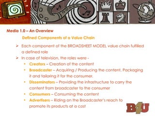 Media 1.0 – An Overview Defined Components of a Value Chain Each component of the BROADSHEET MODEL value chain fulfilled a defined role In case of television, the roles were - Creators  – Creation of the content Broadcaster  – Acquiring / Producing the content, Packaging it and tailoring it for the consumer. Disseminators  – Providing the infrastructure to carry the content from broadcaster to the consumer Consumers  – Consuming the content Advertisers  – Riding on the Broadcaster’s reach to promote its products at a cost 