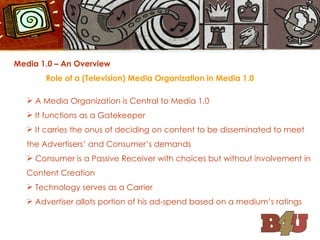 Media 1.0 – An Overview Role of a (Television) Media Organization in Media 1.0 A Media Organization is Central to Media 1.0 It functions as a Gatekeeper It carries the onus of deciding on content to be disseminated to meet the Advertisers’ and Consumer’s demands Consumer is a Passive Receiver with choices but without involvement in Content Creation Technology serves as a Carrier Advertiser allots portion of his ad-spend based on a medium’s ratings 