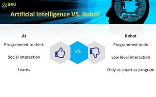 Artificial Intelligence VS. Robot
AI
Programmed to think
Social Interaction
Learns
Robot
Programmed to do
Low level interaction
Only as smart as program
VS
 
