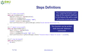 Your Topic www.company.com
Steps Definitions
The mapping between each
step of the scenario defined
in the feature file with a code
of function to be executed
This function can be written
both Java and Selenium
commands
 