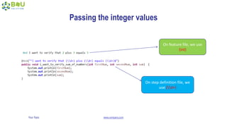 Your Topic www.company.com
Passing the integer values
On feature file, we use
(int)
On step definition file, we
use (d+)
 