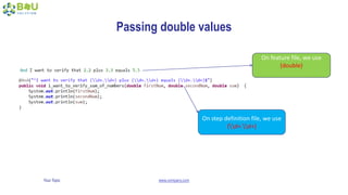 Your Topic www.company.com
Passing double values
On feature file, we use
(double)
On step definition file, we use
(d+.d+)
 