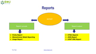Your Topic www.company.com
Reports
REPORT
Report console Report output
 Pretty Report
 Monochrome Mode Reporting
 Usage Report
 HTML Reports
 JSON Report
 JUNIT XML Report
 