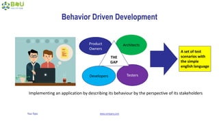 Your Topic www.company.com
Behavior Driven Development
Product
Owners
Architects
Developers Testers
A set of test
scenarios with
the simple
english language
THE
GAP
Implementing an application by describing its behaviour by the perspective of its stakeholders
 