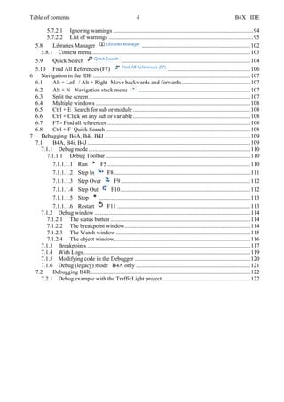 Table of contents 4 B4X IDE
5.7.2.1 Ignoring warnings ..................................................................................................94
5.7.2.2 List of warnings .....................................................................................................95
5.8 Libraries Manager ............................................................................102
5.8.1 Context menu ...............................................................................................................103
5.9 Quick Search ..........................................................................................104
5.10 Find All References (F7) ..........................................................106
6 Navigation in the IDE ..............................................................................................................107
6.1 Alt + Left / Alt + Right Move backwards and forwards................................................107
6.2 Alt + N Navigation stack menu ...............................................................................107
6.3 Split the screen.................................................................................................................107
6.4 Multiple windows ............................................................................................................108
6.5 Ctrl + E Search for sub or module ..................................................................................108
6.6 Ctrl + Click on any sub or variable..................................................................................108
6.7 F7 - Find all references ....................................................................................................108
6.8 Ctrl + F Quick Search .....................................................................................................108
7 Debugging B4A, B4i, B4J ......................................................................................................109
7.1 B4A, B4i, B4J ..................................................................................................................109
7.1.1 Debug mode .................................................................................................................110
7.1.1.1 Debug Toolbar .....................................................................................................110
7.1.1.1.1 Run F5 ....................................................................................................110
7.1.1.1.2 Step In F8 ...............................................................................................111
7.1.1.1.3 Step Over F9...........................................................................................112
7.1.1.1.4 Step Out F10...........................................................................................112
7.1.1.1.5 Stop ..........................................................................................................113
7.1.1.1.6 Restart F11 .............................................................................................113
7.1.2 Debug window .............................................................................................................114
7.1.2.1 The status button ..................................................................................................114
7.1.2.2 The breakpoint window........................................................................................114
7.1.2.3 The Watch window ..............................................................................................115
7.1.2.4 The object window...............................................................................................116
7.1.3 Breakpoints ..................................................................................................................117
7.1.4 With Logs.....................................................................................................................119
7.1.5 Modifying code in the Debugger .................................................................................120
7.1.6 Debug (legacy) mode B4A only ................................................................................121
7.2 Debugging B4R................................................................................................................122
7.2.1 Debug example with the TrafficLight project..............................................................122
 