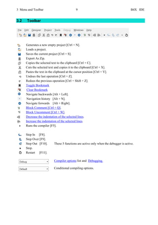 3 Menu and Toolbar 9 B4X IDE
3.2 Toolbar
Generates a new empty project [Ctrl + N].
Loads a project.
Saves the current project [Ctrl + S].
Export As Zip.
Copies the selected text to the clipboard [Ctrl + C].
Cuts the selected text and copies it to the clipboard [Ctrl + X].
Pastes the text in the clipboard at the cursor position [Ctrl + V].
Undoes the last operation [Ctrl + Z].
Redoes the previous operation [Ctrl + Shift + Z].
Toggle Bookmark
Clear Bookmark
Navigate backwards [Alt + Left].
Navigation history [Alt + N].
Navigate forwards [Alt + Right].
Block Comment [Ctrl + Q].
Block Uncomment [Ctrl + W].
Decrease the indentation of the selected lines.
Increase the indentation of the selected lines.
Runs the compiler [F5].
Step In [F8].
Step Over [F9].
Step Out [F10]. These 5 functions are active only when the debugger is active.
Stop.
Restart [F11].
Compiler options list and Debugging.
Conditional compiling options.
 