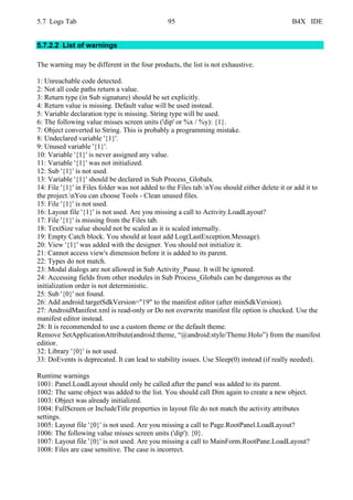 5.7 Logs Tab 95 B4X IDE
5.7.2.2 List of warnings
The warning may be different in the four products, the list is not exhaustive.
1: Unreachable code detected.
2: Not all code paths return a value.
3: Return type (in Sub signature) should be set explicitly.
4: Return value is missing. Default value will be used instead.
5: Variable declaration type is missing. String type will be used.
6: The following value misses screen units ('dip' or %x / %y): {1}.
7: Object converted to String. This is probably a programming mistake.
8: Undeclared variable '{1}'.
9: Unused variable '{1}'.
10: Variable '{1}' is never assigned any value.
11: Variable '{1}' was not initialized.
12: Sub '{1}' is not used.
13: Variable '{1}' should be declared in Sub Process_Globals.
14: File '{1}' in Files folder was not added to the Files tab.nYou should either delete it or add it to
the project.nYou can choose Tools - Clean unused files.
15: File '{1}' is not used.
16: Layout file '{1}' is not used. Are you missing a call to Activity.LoadLayout?
17: File '{1}' is missing from the Files tab.
18: TextSize value should not be scaled as it is scaled internally.
19: Empty Catch block. You should at least add Log(LastException.Message).
20: View '{1}' was added with the designer. You should not initialize it.
21: Cannot access view's dimension before it is added to its parent.
22: Types do not match.
23: Modal dialogs are not allowed in Sub Activity_Pause. It will be ignored.
24: Accessing fields from other modules in Sub Process_Globals can be dangerous as the
initialization order is not deterministic.
25: Sub '{0}' not found.
26: Add android:targetSdkVersion="19" to the manifest editor (after minSdkVersion).
27: AndroidManifest.xml is read-only or Do not overwrite manifest file option is checked. Use the
manifest editor instead.
28: It is recommended to use a custom theme or the default theme.
Remove SetApplicationAttribute(android:theme, “@android:style/Theme.Holo”) from the manifest
editior.
32: Library '{0}' is not used.
33: DoEvents is deprecated. It can lead to stability issues. Use Sleep(0) instead (if really needed).
Runtime warnings
1001: Panel.LoadLayout should only be called after the panel was added to its parent.
1002: The same object was added to the list. You should call Dim again to create a new object.
1003: Object was already initialized.
1004: FullScreen or IncludeTitle properties in layout file do not match the activity attributes
settings.
1005: Layout file '{0}' is not used. Are you missing a call to Page.RootPanel.LoadLayout?
1006: The following value misses screen units ('dip'): {0}.
1007: Layout file '{0}' is not used. Are you missing a call to MainForm.RootPane.LoadLayout?
1008: Files are case sensitive. The case is incorrect.
 
