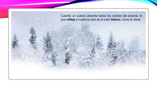 Cuando un cuerpo absorbe todos los colores del arcoíris, lo
que refleja a nuestros ojos es el color blanco, como la nieve.
 