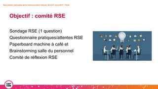 Rencontres nationales de la communication interne• 20 et 21 mars 2017 • Paris
Objectif : comité RSE
Sondage RSE (1 question)
Questionnaire pratiques/attentes RSE
Paperboard machine à café et
Brainstorming salle du personnel
Comité de réflexion RSE
 
