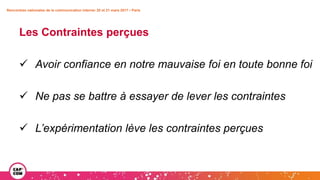 Rencontres nationales de la communication interne• 20 et 21 mars 2017 • Paris
Les Contraintes perçues
 Avoir confiance en notre mauvaise foi en toute bonne foi
 Ne pas se battre à essayer de lever les contraintes
 L’expérimentation lève les contraintes perçues
 