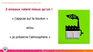 Rencontres nationales de la communication interne• 20 et 21 mars 2017 • Paris
2 niveaux valent mieux qu’un !
« j’appuie sur le bouton »
et/ou
« je préserve l’atmosphère »
 