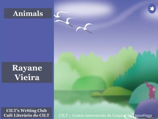 CILT – Centro Interescolar de Línguas de Taguatinga
Animals
CILT’s Writing Club
Café Literário do CILT
Rayane
Vieira
 