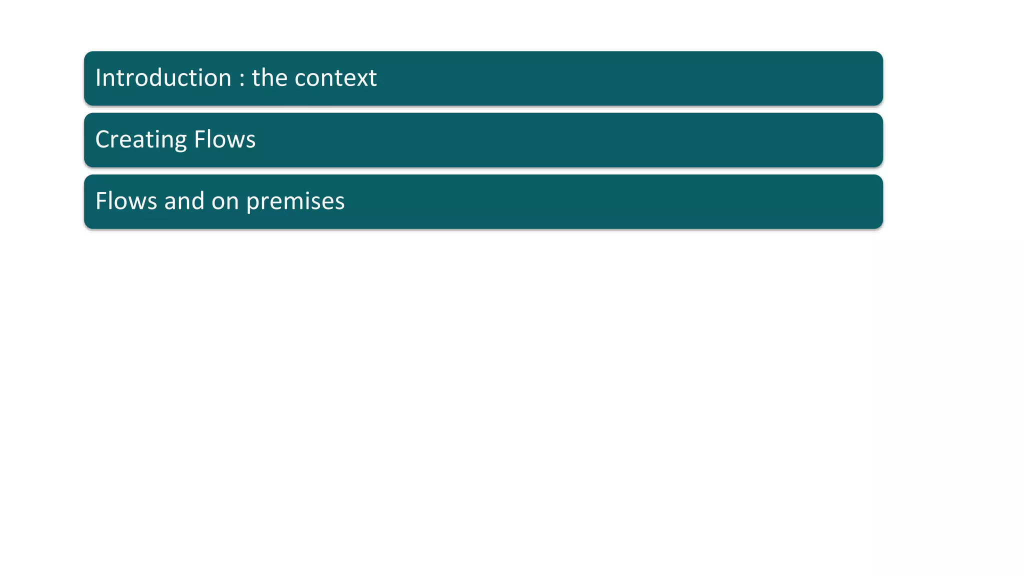 Flows and on premises
Creating Flows
Introduction : the context
 