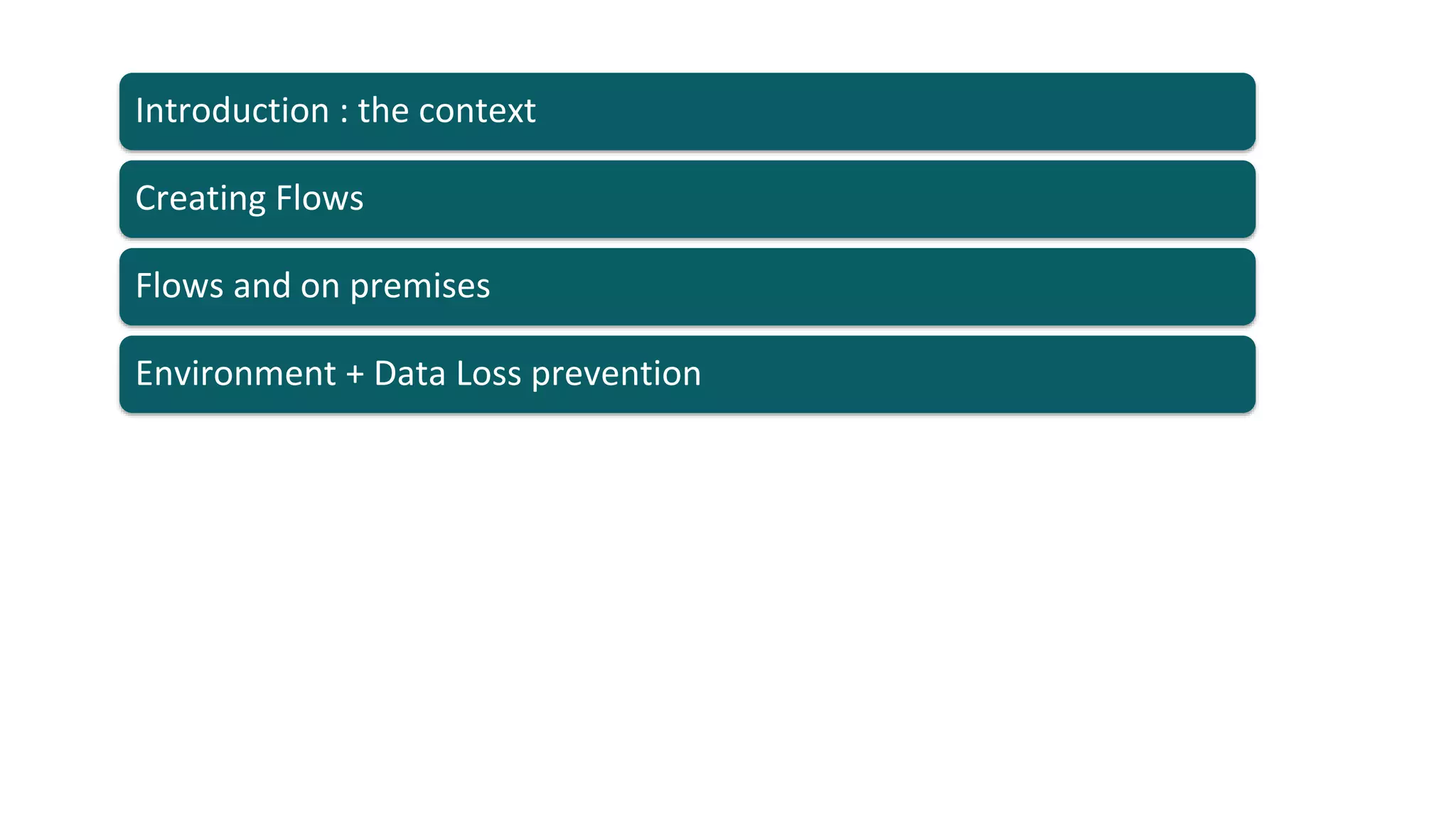 Flows and on premises
Environment + Data Loss prevention
Creating Flows
Introduction : the context
 