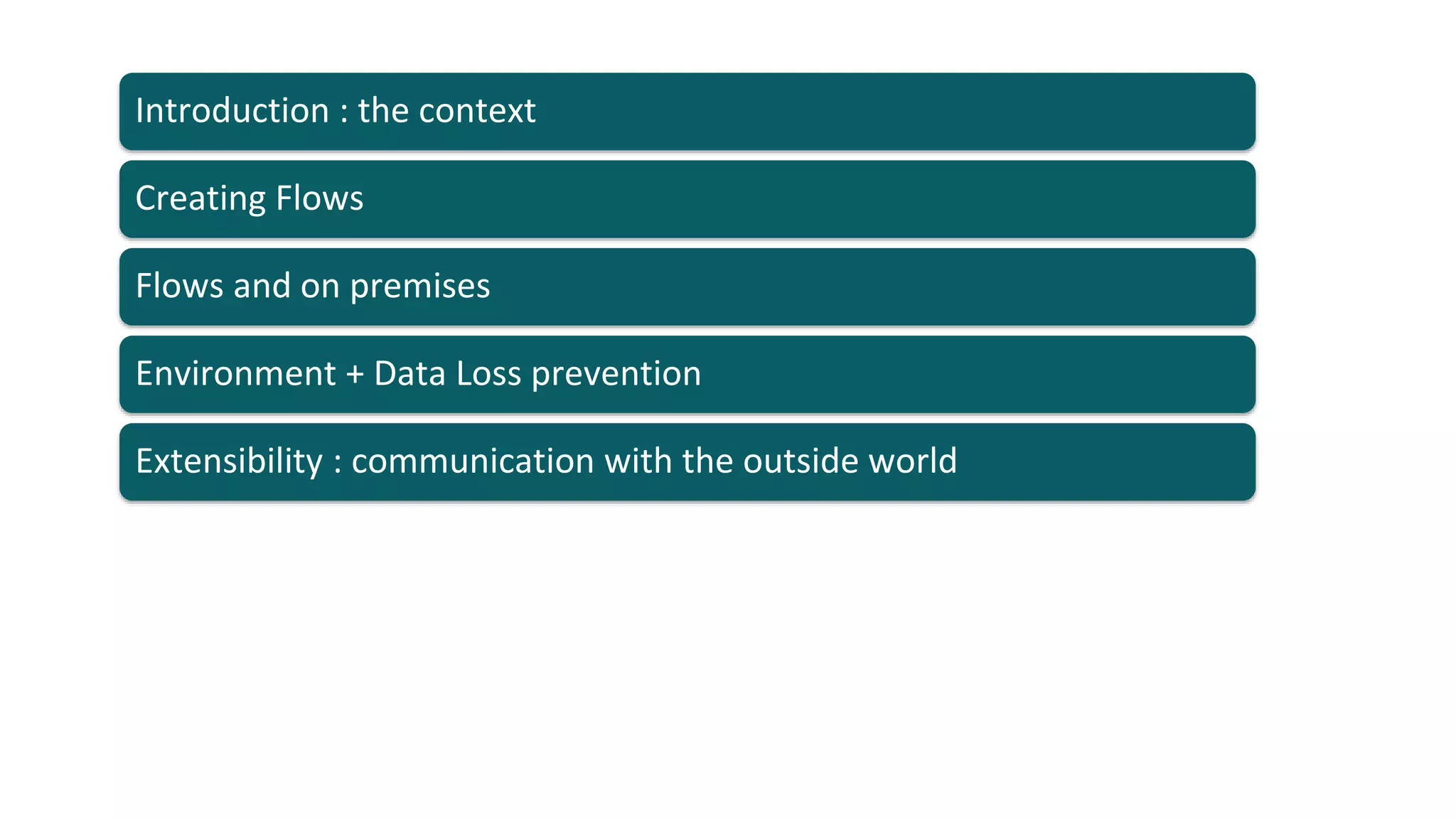 Flows and on premises
Environment + Data Loss prevention
Extensibility : communication with the outside world
Creating Flows
Introduction : the context
 