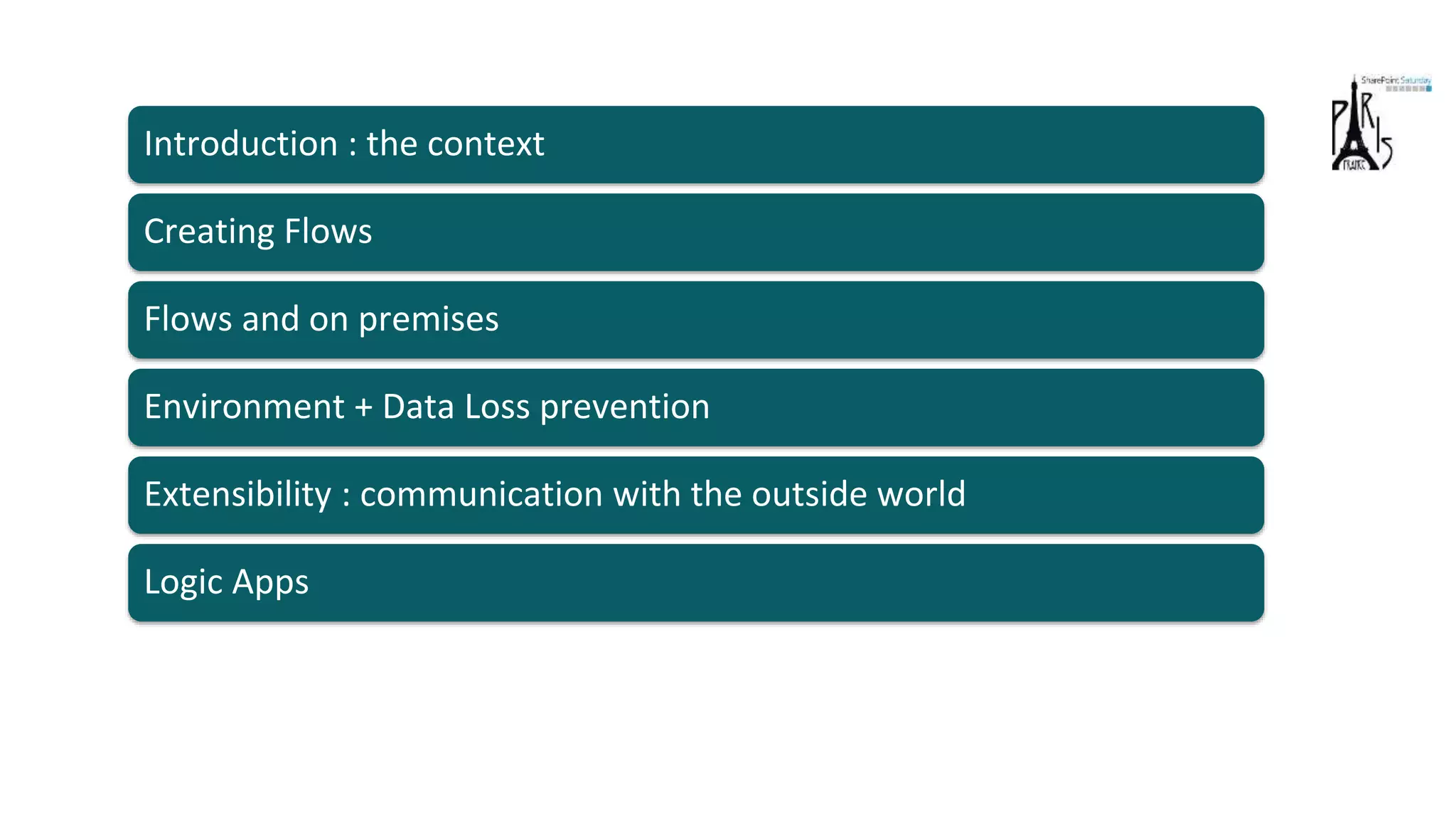 Flows and on premises
Environment + Data Loss prevention
Extensibility : communication with the outside world
Logic Apps
Creating Flows
Introduction : the context
 