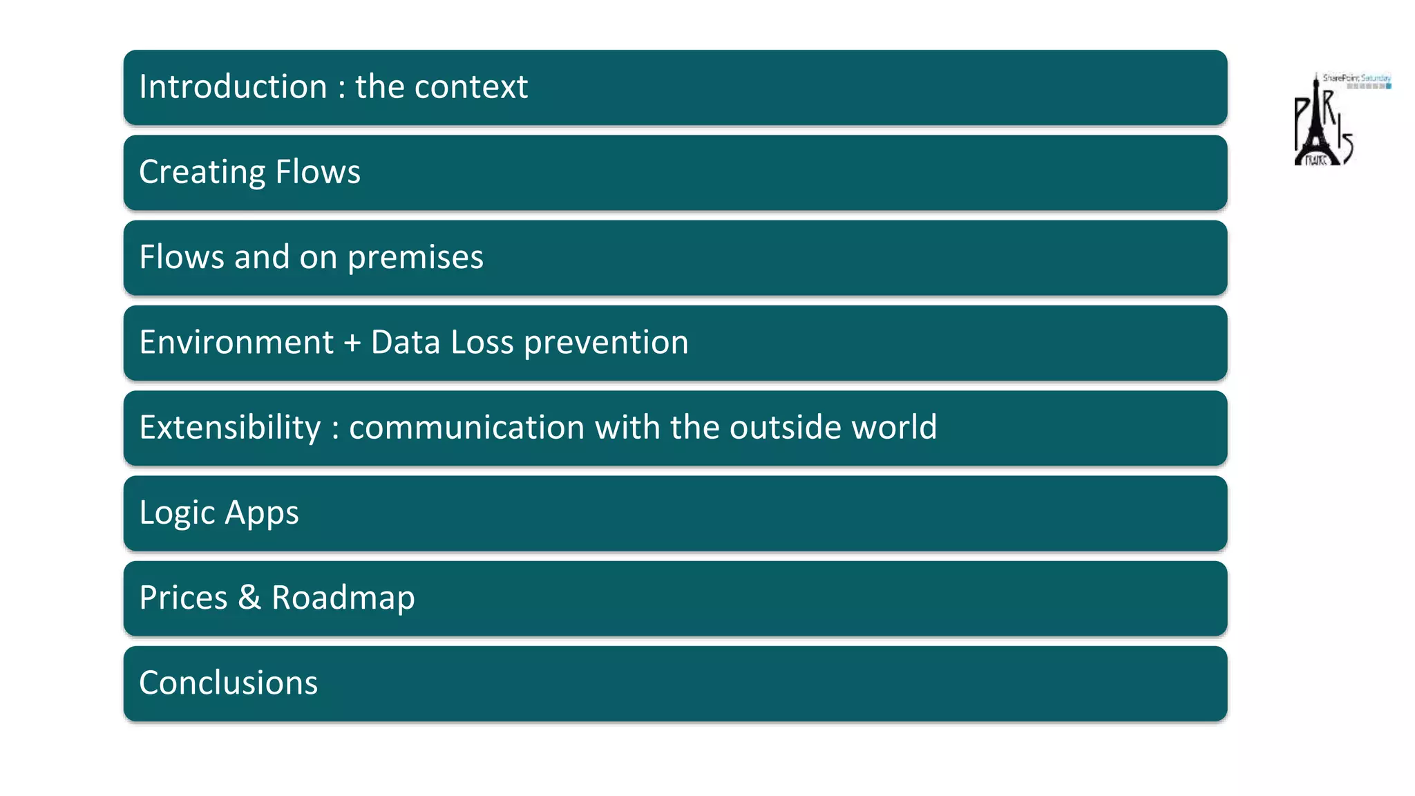 Flows and on premises
Environment + Data Loss prevention
Extensibility : communication with the outside world
Logic Apps
Prices & Roadmap
Creating Flows
Introduction : the context
Conclusions
 