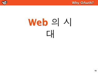 OAuth 1.0


      HOW?
      “인증 토큰”
       (Access Token)

API를 사용하는 서비스(consumer)에
비밀번호를 저장하지 않고
인증 토큰을 저장,인증토큰(Access Token)으로
API 사용



                                  27
 
