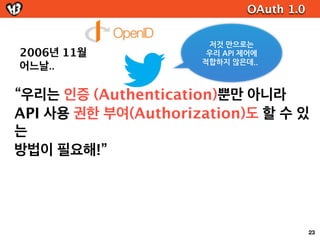 OAuth 2.0

OAuth versions
                      No
     1.0         보안 문제가 있는 버전.
                 절대로 사용하면 안됨

                     OK
     1.0a        안정적이고 사용해도 됨
  (RFC 5849)       자체 암호화 기능
                  (HTTPS 불필요)

     2.0            Good
   (RFC 6749      기본 스펙 표준화 완료
   RFC 6750)     추가 스펙 표준화 진행 중        41
 