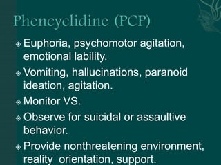  Euphoria, psychomotor agitation,
emotional lability.
 Vomiting, hallucinations, paranoid
ideation, agitation.
 Monitor VS.
 Observe for suicidal or assaultive
behavior.
 Provide nonthreatening environment,
reality orientation, support.
 
