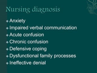  Anxiety
 Impaired verbal communication
 Acute confusion
 Chronic confusion
 Defensive coping
 Dysfunctional family processes
 Ineffective denial
 