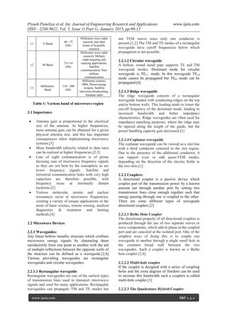 Piyush Paneliya et al. Int. Journal of Engineering Research and Applications www.ijera.com
ISSN : 2248-9622, Vol. 5, Issue 1( Part 1), January 2015, pp.09-13
www.ijera.com 10|P a g e
11 V-Band
40 - 75
GHz
Millimeter wave radar
research and other
kinds of Scientific
research
12 W-Band
75-110
GHz
Millimeter wave radar
research, Military
radar targeting and
tracking applications,
Satellite
communication, Non-
military
communication
13
Millimeter-
Band
110 - 300
GHz
Millimeter scanner,
DBS, Direct-energy
weapon, Satellite
television broadcasting,
Amateur radio
Table 1: Various band of microwave region
2.1 Importance
 Antenna gain is proportional to the electrical
size of the antenna. At higher frequencies,
more antenna gain can be obtained for a given
physical antenna size, and this has important
consequences when implementing microwave
systems.[3]
 More bandwidth (directly related to data rate)
can be realized at higher frequencies.[2,3]
 Line of sight communication is of prime
focusing case of microwave frequency signals
as they are not bent by the ionosphere as are
lower frequency signals. Satellite and
terrestrial communication links with very high
capacities are therefore possible, with
frequency reuse at minimally distant
locations.[2]
 Various molecular, atomic and nuclear
resonances occur at microwave frequencies,
creating a variety of unique applications in the
areas of basic science, remote sensing, medical
diagnostics & treatment and heating
methods.[4]
2.2 Microwave Devices
2.2.1 Waveguides:
Any linear hollow metallic structure which confines
microwave energy signals by channeling them
satisfactorily from one point to another with the aid
of multiple reflections between the opposite walls of
the structure can be defined as a waveguide.[2,4]
Various prevailing waveguides are rectangular
waveguides and circular waveguides.
2.2.1.1 Rectangular waveguide
Rectangular waveguides are one of the earliest types
of transmission lines used to transport microwave
signals and used for many applications. Rectangular
waveguides can propagate TM and TE modes but
not TEM waves since only one conductor is
present.[1,2] The TM and TE modes of a rectangular
waveguide have cutoff frequencies below which
propagation is not possible.
2.2.1.2 Circular waveguide
A hollow, round metal pipe supports TE and TM
waveguide modes. Dominant mode for circular
waveguide is TE11 mode. In this waveguide TE10
mode cannot be propagated but TE01 mode can be
propagated.[4]
2.2.1.3 Ridge waveguide
The ridge waveguide consists of a rectangular
waveguide loaded with conducting ridges on the top
and/or bottom walls. This loading tends to lower the
cut-off frequency of the dominant mode, leading to
increased bandwidth and better impedance
characteristics. Ridge waveguides are often used for
impedance matching purposes, where the ridge may
be tapered along the length of the guide, but the
power handling capacity gets decreased.[1]
2.2.1.4 Coplanar waveguide
The coplanar waveguide can be viewed as a slot line
with a third conductor centered in the slot region.
Due to the presence of the additional conductor, it
can support even or odd quasi-TEM modes,
depending on the direction of the electric fields in
the two slots.[1]
2.2.2 Couplers:
A directional coupler is a passive device which
couples part of the transmission power by a known
amount out through another port by setting two
transmission lines close enough together such that
energy passing through one is coupled to the other.
There are some different types of waveguide
directional couplers.[2]
2.2.2.1 Bethe Hole Coupler
The directional property of all directional couplers is
produced through the use of two separate waves or
wave components, which add in phase at the coupled
port and are canceled at the isolated port. One of the
simplest ways of doing this is to couple one
waveguide to another through a single small hole in
the common broad wall between the two
waveguides. Such a coupler is known as a Bethe
hole coupler.[2,4]
2.2.2.2 Multi-hole coupler
If the coupler is designed with a series of coupling
holes and the extra degrees of freedom can be used
to increase this bandwidth such a couplers is called
multi-hole coupler.[1]
2.2.2.3 The Quadrature Hybrid Coupler
 