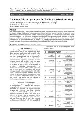 Piyush Paneliya et al. Int. Journal of Engineering Research and Applications www.ijera.com
ISSN : 2248-9622, Vol. 5, Issue 1( Part 1), January 2015, pp.09-13
www.ijera.com 9|P a g e
Multiband Microstrip Antenna for Wi-MAX Application-A study
Piyush Paneliya1
, Sandip Khakhriya2
, S.Sreenath Kashyap3
PG Student1
, Asst. Professor2, 3
MEFGI, Rajkot, Gujarat, India
Abstract---
The wireless revolution is transforming the existing global telecommunications networks into an integrated
system providing a broad class of communication services to customers anywhere, anytime in motion or fixed.
An antenna is an important device in wireless communication system as its performance will have direct effect
on the total system. The continuous shrinking of size of the electronic systems demands small size of antenna
elements which can cater the need of multiband operation in order to fit properly in wireless devices without
compromising the radiation properties of the antenna. This paper presents a review of the research work done by
various authors on the topic multiband microstrip antenna for Wi-MAX application in the recent past.
Keywords---Wi-MAX, multiband microstrip antenna
1. INTRODUCTION
Now a days wireless communication is the
fastest growing area of the communication field.
There are many applications such as mobile radio,
Satellite etc. In Wireless communication weight,
size, cost, performance and ease of installation are
major drawback. The main aim of the wireless
communication is supporting information exchange
between people and devices. That will allow
multimedia communication from anywhere, anytime
in the world. In last few years, the development of
Wi-MAX (Worldwide Interoperability for
Microwave Access) and other wireless application
like WLAN, GSM etc. represented one of the
principal interests in the communication field. Also,
today’s technology demands antennas which can
operate on different wireless communication bands
and it should have different features like low cost,
low weight, low profile and are capable of
performing multi frequency operation.
2. MICROWAVE REGION
Microwave spectral region is a form
of electromagnetic radiation with wavelength
ranging from as long as one meter to as short as one
millimeter, or in terms of frequencies between
0.3 GHz and 300 GHz. This broad definition
includes both UHF and EHF bands. In all cases,
microwave includes the whole SHF band (3 to
30 GHz, or 10 to 1 cm) at minimum, with RF
engineering often restricting the range between 1
and 100 GHz (300 and 3 mm). Most common
applications are within the 1 to 40 GHz range. [1, 2]
The various band of microwave region is given
in Table 1 below.
Sr.
No.
Name of band
in microwave
Frequency
Range
Application
1
High
Frequency(HF)
3 - 30
MHz
Shortwave broadcast,
RFID,
Marine & mobile
Communications
2
Very High
Frequency
(VHF)
30 - 300
MHz
FM, Television
broadcasts and Line of
sight communications,
Mobile
communications,
Weather radio
3
Ultra High
Frequency
(UHF)
300 - 3000
MHz
Television broadcasts,
Microwave oven,
Microwave-
device/communication,
Wireless LAN,
Bluetooth, ZigBee,
GPS
4 Long wave (L) 1 - 2 GHz
Military telemetry,
GPS, Mobile phone
(GSM),Amateur radio
5 Short wave(S) 2 - 4 GHz
Weather radar, Surface
ship radar, Some
satellite
communication
6 C-Band 4 - 8 GHz
Long distance
communication
7 X-Band 8 - 12 GHz
Satellite
communication,
Terrestrial broadcast
radar,
Space communication,
Amateur radio
8 Ku-Band
12 - 18
GHz
Satellite
communication
9 K-Band
18 - 27
GHz
Astronomical
observation,
Automotive radar,
Satellite
communication, Radar
10 Ka-Band
27 - 40
GHz
Satellite
communication
RESEARCH ARTICLE OPEN ACCESS
 