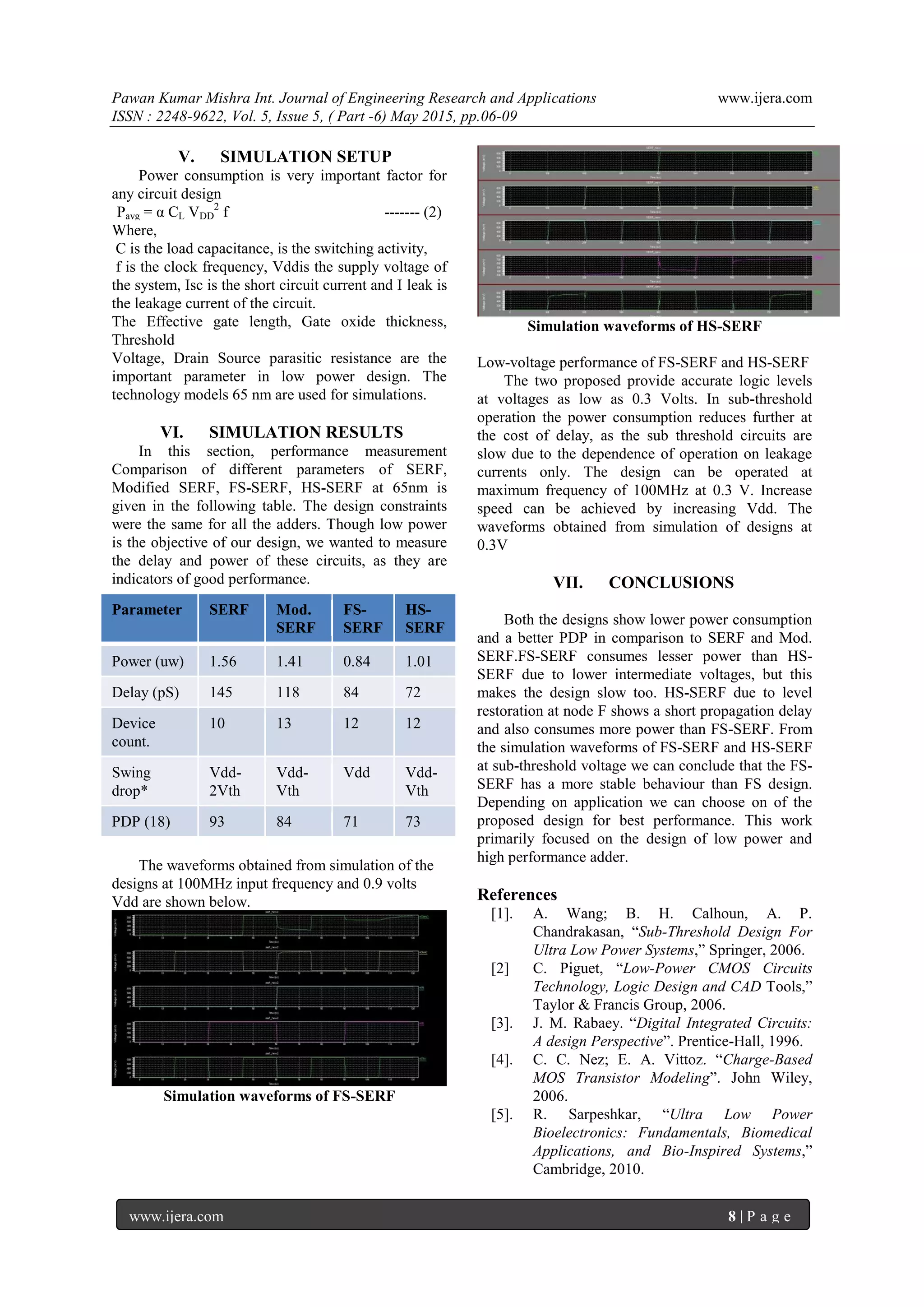 Pawan Kumar Mishra Int. Journal of Engineering Research and Applications www.ijera.com
ISSN : 2248-9622, Vol. 5, Issue 5, ( Part -6) May 2015, pp.06-09
www.ijera.com 8 | P a g e
V. SIMULATION SETUP
Power consumption is very important factor for
any circuit design
Pavg = α CL VDD
2
f ------- (2)
Where,
C is the load capacitance, is the switching activity,
f is the clock frequency, Vddis the supply voltage of
the system, Isc is the short circuit current and I leak is
the leakage current of the circuit.
The Effective gate length, Gate oxide thickness,
Threshold
Voltage, Drain Source parasitic resistance are the
important parameter in low power design. The
technology models 65 nm are used for simulations.
VI. SIMULATION RESULTS
In this section, performance measurement
Comparison of different parameters of SERF,
Modified SERF, FS-SERF, HS-SERF at 65nm is
given in the following table. The design constraints
were the same for all the adders. Though low power
is the objective of our design, we wanted to measure
the delay and power of these circuits, as they are
indicators of good performance.
The waveforms obtained from simulation of the
designs at 100MHz input frequency and 0.9 volts
Vdd are shown below.
Simulation waveforms of FS-SERF
Simulation waveforms of HS-SERF
Low-voltage performance of FS-SERF and HS-SERF
The two proposed provide accurate logic levels
at voltages as low as 0.3 Volts. In sub-threshold
operation the power consumption reduces further at
the cost of delay, as the sub threshold circuits are
slow due to the dependence of operation on leakage
currents only. The design can be operated at
maximum frequency of 100MHz at 0.3 V. Increase
speed can be achieved by increasing Vdd. The
waveforms obtained from simulation of designs at
0.3V
VII. CONCLUSIONS
Both the designs show lower power consumption
and a better PDP in comparison to SERF and Mod.
SERF.FS-SERF consumes lesser power than HS-
SERF due to lower intermediate voltages, but this
makes the design slow too. HS-SERF due to level
restoration at node F shows a short propagation delay
and also consumes more power than FS-SERF. From
the simulation waveforms of FS-SERF and HS-SERF
at sub-threshold voltage we can conclude that the FS-
SERF has a more stable behaviour than FS design.
Depending on application we can choose on of the
proposed design for best performance. This work
primarily focused on the design of low power and
high performance adder.
References
[1]. A. Wang; B. H. Calhoun, A. P.
Chandrakasan, “Sub-Threshold Design For
Ultra Low Power Systems,” Springer, 2006.
[2] C. Piguet, “Low-Power CMOS Circuits
Technology, Logic Design and CAD Tools,”
Taylor & Francis Group, 2006.
[3]. J. M. Rabaey. “Digital Integrated Circuits:
A design Perspective”. Prentice-Hall, 1996.
[4]. C. C. Nez; E. A. Vittoz. “Charge-Based
MOS Transistor Modeling”. John Wiley,
2006.
[5]. R. Sarpeshkar, “Ultra Low Power
Bioelectronics: Fundamentals, Biomedical
Applications, and Bio-Inspired Systems,”
Cambridge, 2010.
Parameter SERF Mod.
SERF
FS-
SERF
HS-
SERF
Power (uw) 1.56 1.41 0.84 1.01
Delay (pS) 145 118 84 72
Device
count.
10 13 12 12
Swing
drop*
Vdd-
2Vth
Vdd-
Vth
Vdd Vdd-
Vth
PDP (18) 93 84 71 73
 