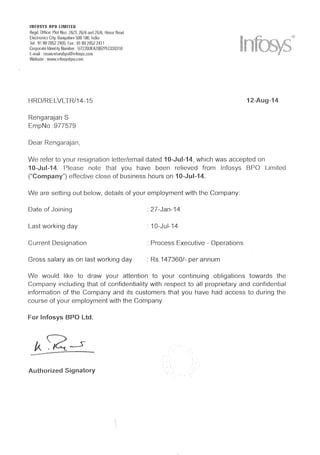 INFOSYS BPO LIMITED RELIEVING LETTER