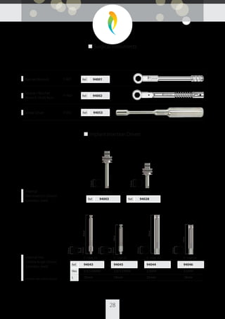 ■ Implant Insertion Drivers
P-SRDH L
94003Ref.
Internal
Hex Insertion Drivers
(stainless steel)
P-SRDH
94028Ref.
P- IHM 04
94046
2.5mm
18mm
P- IHM 03
94045
2.5/1.25mm
18mm
P-IHML 01
94043
2.5/1.25mm
25mm
Ref.
Hex
L
Internal Hex
Contra Angle Drivers
(stainless steel)
Internal hex motor mount
P- IHML 02
94044
2.5mm
25mm
P-RAT Ref. 94001Ratchet Wrench
P-TRAT Ref. 94002
Torque / Ratchet
Wrench 10-45 Ncm
P-SSD Ref. 94053Screw Driver
28
■ Surgical Instruments
25mm
25mm
18mm
18mm
2.5mm
2.5mm
2.5mm
2.5mm
2.5mm
1.25mm
2.5mm
1.25mm
 