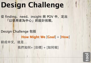 Design Challenge
  finding   need   insight   POV



Design Challenge
            How Might We [Goal] + [How]
              …
                   +[    ]+[       ]




                                          tool
 