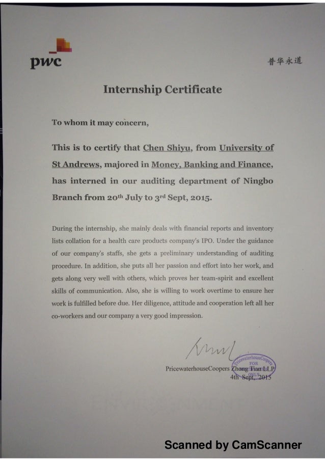 f letter experience PwC Internship Certificate