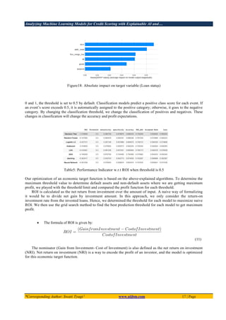 Analyzing Machine Learning Models for Credit Scoring with Explainable AI and…
*Corresponding Author: Swati Tyagi 1
www.aijbm.com 17 | Page
Figure18: Absolute impact on target variable (Loan status)
0 and 1, the threshold is set to 0.5 by default. Classification models predict a positive class score for each event. If
an event’s score exceeds 0.5, it is automatically assigned to the positive category; otherwise, it goes to the negative
category. By changing the classification threshold, we change the classification of positives and negatives. These
changes in classification will change the accuracy and profit expectations.
Table5: Performance Indicator w.r.t ROI when threshold is 0.5
Our optimization of an economic target function is based on the above-explained algorithms. To determine the
maximum threshold value to determine default assets and non-default assets where we are getting maximum
profit, we played with the threshold limit and compared the profit function for each threshold.
ROI is calculated as the net return from investment over the amount of input. A naive way of formalizing
it would be to divide net gain by investment amount. In this approach, we only consider the return-on
investment rate from the invested loans. Hence, we determined the threshold for each model to maximize naive
ROI. We then use the grid search method to find the best prediction threshold for each model to get maximum
profit.
• The formula of ROI is given by:
(11)
The nominator (Gain from Investment- Cost of Investment) is also defined as the net return on investment
(NRI). Net return on investment (NRI) is a way to encode the profit of an investor, and the model is optimized
for this economic target function.
 