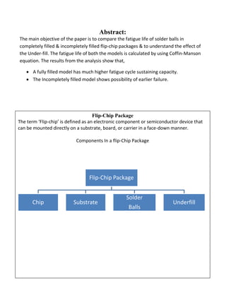 Abstract:
The main objective of the paper is to compare the fatigue life of solder balls in
completely filled & incompletely filled flip-chip packages & to understand the effect of
the Under-fill. The fatigue life of both the models is calculated by using Coffin-Manson
equation. The results from the analysis show that,
ï‚· A fully filled model has much higher fatigue cycle sustaining capacity.
ï‚· The Incompletely filled model shows possibility of earlier failure.
Flip-Chip Package
The term ‘Flip-chip’ is defined as an electronic component or semiconductor device that
can be mounted directly on a substrate, board, or carrier in a face-down manner.
Components In a flip-Chip Package
Flip-Chip Package
Chip Substrate
Solder
Balls
Underfill