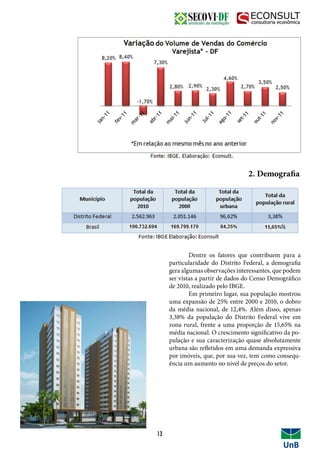 2. Demografia
	 Dentre os fatores que contribuem para a
particularidade do Distrito Federal, a demografia
gera algumas observações interessantes, que podem
ser vistas a partir de dados do Censo Demográfico
de 2010, realizado pelo IBGE.
	 Em primeiro lugar, sua população mostrou
uma expansão de 25% entre 2000 e 2010, o dobro
da média nacional, de 12,4%. Além disso, apenas
3,38% da população do Distrito Federal vive em
zona rural, frente a uma proporção de 15,65% na
média nacional. O crescimento significativo da po-
pulação e sua caracterização quase absolutamente
urbana são refletidos em uma demanda expressiva
por imóveis, que, por sua vez, tem como consequ-
ência um aumento no nível de preços do setor.
13
 