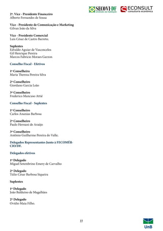 77
2º. Vice - Presidente Financeiro
Alberto Fernandes de Sousa
Vice - Presidente de Comunicação e Marketing
Gilvan João da Silva
Vice - Presidente Comercial
Luis César de Castro Barreto;
Suplentes
Edvaldo Aguiar de Vasconcelos
Gil Henrique Pereira
Marcos Fabrício Moraes Garzon
Conselho Fiscal - Efetivos
1ª Conselheira
Maria Thereza Pereira Silva
2º Conselheiro
Giordano Garcia Leão
3º Conselheiro
Frederico Mancuso Attié
Conselho Fiscal - Suplentes
1º Conselheiro
Carlos Ananias Barbosa
2º Conselheiro
Paulo Hernani de Araújo
3º Conselheiro
Antônio Guilherme Pereira do Valle;
Delegados Representantes Junto à FECOMÉR-
CIO/DF.
Delegados efetivos
1º Delegado
Miguel Setembrino Emery de Carvalho
2º Delegado
Túlio César Barbosa Siqueira
Suplentes
1º Delegado
João Balduíno de Magalhães
2º Delegado
Ovídio Maia Filho.
 