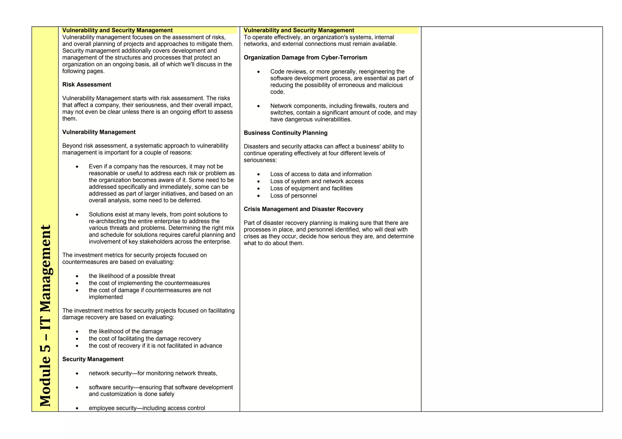 Module5–ITManagement
Vulnerability and Security Management
Vulnerability management focuses on the assessment of risks,
and overall planning of projects and approaches to mitigate them.
Security management additionally covers development and
management of the structures and processes that protect an
organization on an ongoing basis, all of which we'll discuss in the
following pages.
Risk Assessment
Vulnerability Management starts with risk assessment. The risks
that affect a company, their seriousness, and their overall impact,
may not even be clear unless there is an ongoing effort to assess
them.
Vulnerability Management
Beyond risk assessment, a systematic approach to vulnerability
management is important for a couple of reasons:
 Even if a company has the resources, it may not be
reasonable or useful to address each risk or problem as
the organization becomes aware of it. Some need to be
addressed specifically and immediately, some can be
addressed as part of larger initiatives, and based on an
overall analysis, some need to be deferred.
 Solutions exist at many levels, from point solutions to
re-architecting the entire enterprise to address the
various threats and problems. Determining the right mix
and schedule for solutions requires careful planning and
involvement of key stakeholders across the enterprise.
The investment metrics for security projects focused on
countermeasures are based on evaluating:
 the likelihood of a possible threat
 the cost of implementing the countermeasures
 the cost of damage if countermeasures are not
implemented
The investment metrics for security projects focused on facilitating
damage recovery are based on evaluating:
 the likelihood of the damage
 the cost of facilitating the damage recovery
 the cost of recovery if it is not facilitated in advance
Security Management
 network security—for monitoring network threats,
 software security—ensuring that software development
and customization is done safely
 employee security—including access control
Vulnerability and Security Management
To operate effectively, an organization's systems, internal
networks, and external connections must remain available.
Organization Damage from Cyber-Terrorism
 Code reviews, or more generally, reengineering the
software development process, are essential as part of
reducing the possibility of erroneous and malicious
code.
 Network components, including firewalls, routers and
switches, contain a significant amount of code, and may
have dangerous vulnerabilities.
Business Continuity Planning
Disasters and security attacks can affect a business' ability to
continue operating effectively at four different levels of
seriousness:
 Loss of access to data and information
 Loss of system and network access
 Loss of equipment and facilities
 Loss of personnel
Crisis Management and Disaster Recovery
Part of disaster recovery planning is making sure that there are
processes in place, and personnel identified, who will deal with
crises as they occur, decide how serious they are, and determine
what to do about them.
 