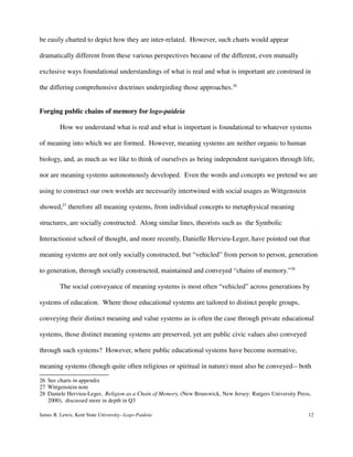 be easily charted to depict how they are inter-related. However, such charts would appear
dramatically different from these various perspectives because of the different, even mutually
exclusive ways foundational understandings of what is real and what is important are construed in
the differing comprehensive doctrines undergirding those approaches.26
Forging public chains of memory for logo-paideia
How we understand what is real and what is important is foundational to whatever systems
of meaning into which we are formed. However, meaning systems are neither organic to human
biology, and, as much as we like to think of ourselves as being independent navigators through life,
nor are meaning systems autonomously developed. Even the words and concepts we pretend we are
using to construct our own worlds are necessarily intertwined with social usages as Wittgenstein
showed,27
therefore all meaning systems, from individual concepts to metaphysical meaning
structures, are socially constructed. Along similar lines, theorists such as the Symbolic
Interactionist school of thought, and more recently, Danielle Hervieu-Leger, have pointed out that
meaning systems are not only socially constructed, but “vehicled” from person to person, generation
to generation, through socially constructed, maintained and conveyed “chains of memory.”28
The social conveyance of meaning systems is most often “vehicled” across generations by
systems of education. Where those educational systems are tailored to distinct people groups,
conveying their distinct meaning and value systems as is often the case through private educational
systems, those distinct meaning systems are preserved, yet are public civic values also conveyed
through such systems? However, where public educational systems have become normative,
meaning systems (though quite often religious or spiritual in nature) must also be conveyed-- both
26 See charts in appendix
27 Wittgenstein note
28 Daniele Hervieu-Leger, Religion as a Chain of Memory, (New Brunswick, New Jersey: Rutgers University Press,
2000), discussed more in depth in Q3
James R. Lewis, Kent State University--Logo-Paideia 12
 
