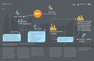 MARCH 2015
ANALYSIS OF REIT REGULATIONS
As indicated in chart 1 , with respect
to investments by the REIT, at least 80
per cent should be in completed and
revenue-generating real estate. This is
lower than the requirement of 90 per
cent as specified in the draft guidelines.
Further, a maximum of 20 per cent instead
of 10 per cent, is allowed in debt, MBS,
government securities, money market
instruments/cash equivalents and the
equity of companies having 75 per cent
or more from real estate activity (including
a maximum investment of 10 per cent in
under-construction real estate). Increasing
the limit from the 10 per cent overall limit
for such instruments/investments specified
in the draft guidelines, the relaxation allows
higher liquidity for the REIT manager while
restricting the risk of under-construction
projects to 10 per cent. It also allows
investment in FSI and TDR for utilisation
in investee projects but not for trading/
liquidity purpose. The move is practical,
considering cities like Mumbai, where TDR
and FSI involvement in development is the
norm.
Under the draft guidelines, the entire REIT
assets could be in a single project worth
a minimum of `10 billion. Addressing the
risk associated with such an investment,
the REIT Regulations have necessitated
investment in a minimum of two projects,
wherein not more than 60 per cent of the
value can be invested in one asset.
Further, under the draft guidelines, not
more than 20 per cent of REIT assets
would be rented to related parties. The said
threshold has now been removed subject
to valuation requirements and obtaining
of required approvals from unit holders.
This could open up doors for large listed
companies like banks, stock exchanges,
Max. 20%*
Upto 20%*
Max. 10%
Min.80%
Other
Investments
MBS, Listed Equity shares of
RE companies Unutilised FSI,
TDR, govt. securities, Debt of RE
companies (other than that of SPV)
At least 2 Completed and Rent
Generating Projects **
•	 Under-construction properties
•	 Completed, but not rent
generating
•	 Contiguous land in case
of stage-wise project
implementation
Direct Investment
in Assets
Investment through
SPV (By acquiring
controlling interest
and not less than
50% shareholding)
Tenants/ Lessee/
Licensee
*Including under-construction/ developmental properties **Not more than 60% of assets to be in one Project
Source: SEBI, Knight Frank Research, Hariani  Co
MARCH 2014
ANALYSIS OF REIT REGULATIONS
14 15
REIT
etc. who hold substantial office properties
to monetise their properties by carrying out
a sale and leaseback with a REIT.
Chart 1
 