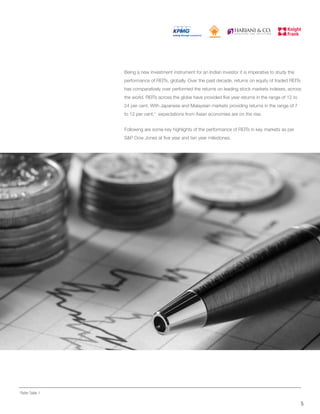 Being a new investment instrument for an Indian investor it is imperative to study the
performance of REITs, globally. Over the past decade, returns on equity of traded REITs
has comparatively over performed the returns on leading stock markets indexes, across
the world. REITs across the globe have provided five year returns in the range of 12 to
24 per cent. With Japanese and Malaysian markets providing returns in the range of 7
to 12 per cent,1
expectations from Asian economies are on the rise.
Following are some key highlights of the performance of REITs in key markets as per
S&P Dow Jones at five year and ten year milestones.
5
1
Refer Table 1
 