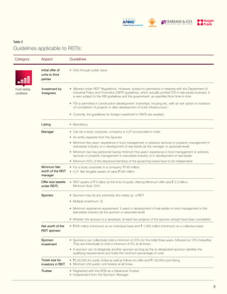 Guidelines applicable to REITs:
Category Aspect Guidelines
Initial offer of
units to third
parties
• Only through public issue
•	Allowed under REIT Regulations. However, subject to permission in keeping with the Department of
Industrial Policy and Promotion (DIPP) guidelines, which actually prohibit FDI in real estate business .It
is also subject to the RBI guidelines and the government, as specified from time to time
•	FDI is permitted in construction-development: townships, housing etc. with an exit option to investors
on completion of projects or after development of trunk infrastructure.5
•	 Currently, the guidelines for foreign investment in REITs are awaited.
Listing • Mandatory
Manager •	 Can be a body corporate, company or LLP incorporated in India
•	 An entity separate from the Sponsor
•	Minimum five years’ experience in fund management or advisory services or property management in
real estate industry or in development of real estate (at the manager or associate level)
•	Minimum two key personnel having minimum five years’ experience in fund management or advisory
services or property management in real estate industry or in development of real estate
•	 Minimum 50% of the directors/members of the governing board have to be independent
Minimum Net
worth of the REIT
manager
• For a body corporate or a company: `100 million;
• LLP: Net tangible assets of value `100 million
Offer size (assets
under REIT)
• REIT assets of ` 5 billion at the time of public offering Minimum offer size:` 2.5 billion;
Minimum float: 25%
Sponsor • Sponsor may be any person(s) who set(s) up a REIT
• Multiple (maximum: 3)
• Minimum experience requirement: 5 years in development of real estate or fund management in the
real estate industry (at the sponsor or associate level)
• Wherein the sponsor is a developer, at least two projects of the sponsor should have been completed
Net worth of the
REIT sponsor
• `200 million (minimum) on an individual basis and ` 1,000 million (minimum) on a collective basis
Sponsor
investment
• Sponsors can collectively hold a minimum of 25% for the initial three years, followed by 15% thereafter.
They are individually to hold a minimum of 5% at all times.
• A sponsor can re-designate another sponsor as long as the re-designated sponsor satisfies the
qualifying requirements and holds the minimum percentage of units.
Ticket size for
investors in REIT
• `2,00,000 for public (initial as well as follow-on) offer and `1,00,000 post listing.
• Minimum 200 public unit holders at all times
Trustee • Registered with the SEBI as a Debenture Trustee
• Independent from the Sponsor/ Manager
Investment by
foreigners
Fund-raising
conditions
9
Table 2
 