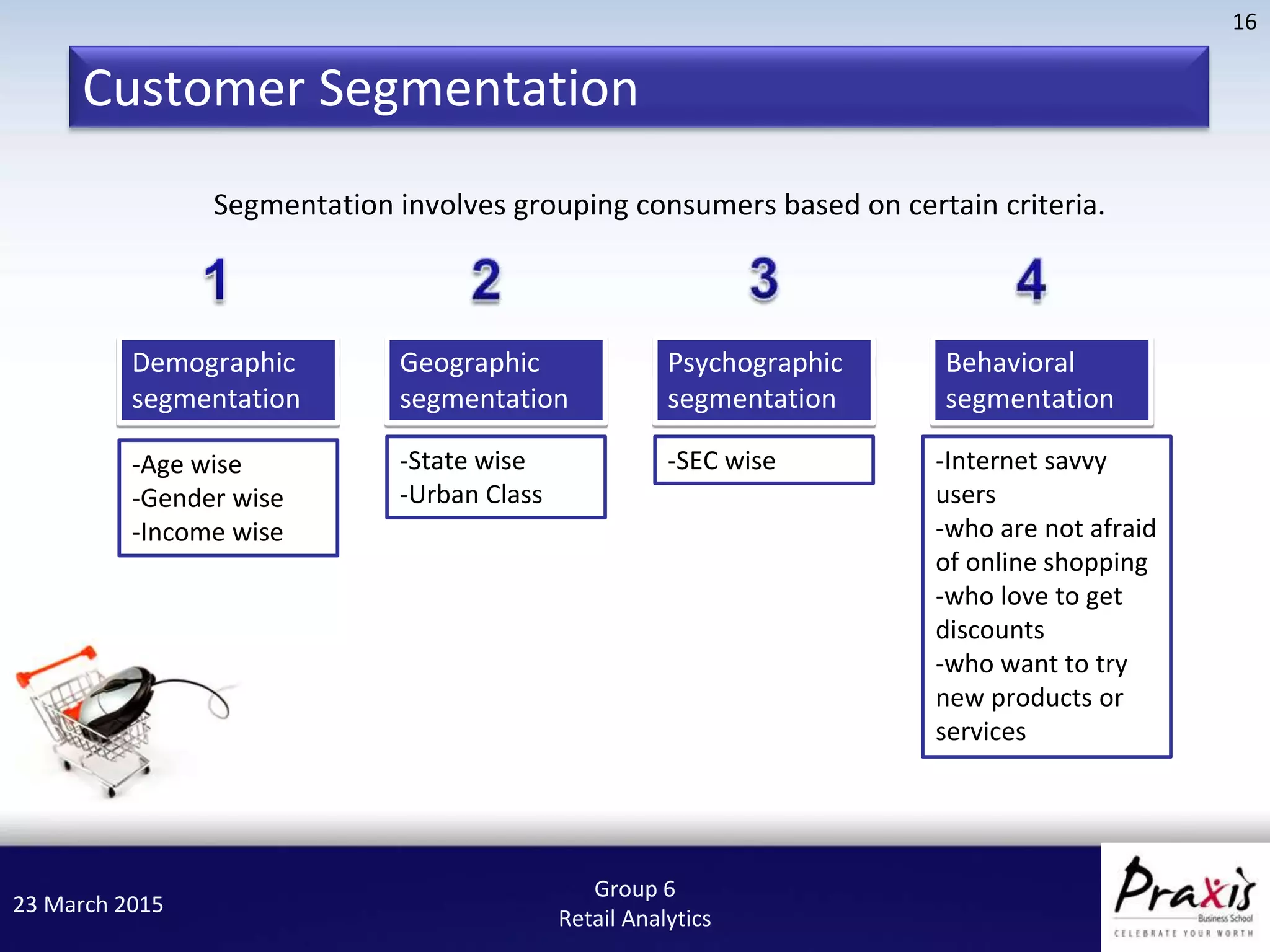 23 March 2015
16
Group 6
Retail Analytics
Segmentation involves grouping consumers based on certain criteria.
Demographic
segmentation
Geographic
segmentation
Psychographic
segmentation
Behavioral
segmentation
-Age wise
-Gender wise
-Income wise
-State wise
-Urban Class
-SEC wise -Internet savvy
users
-who are not afraid
of online shopping
-who love to get
discounts
-who want to try
new products or
services
Customer Segmentation
 