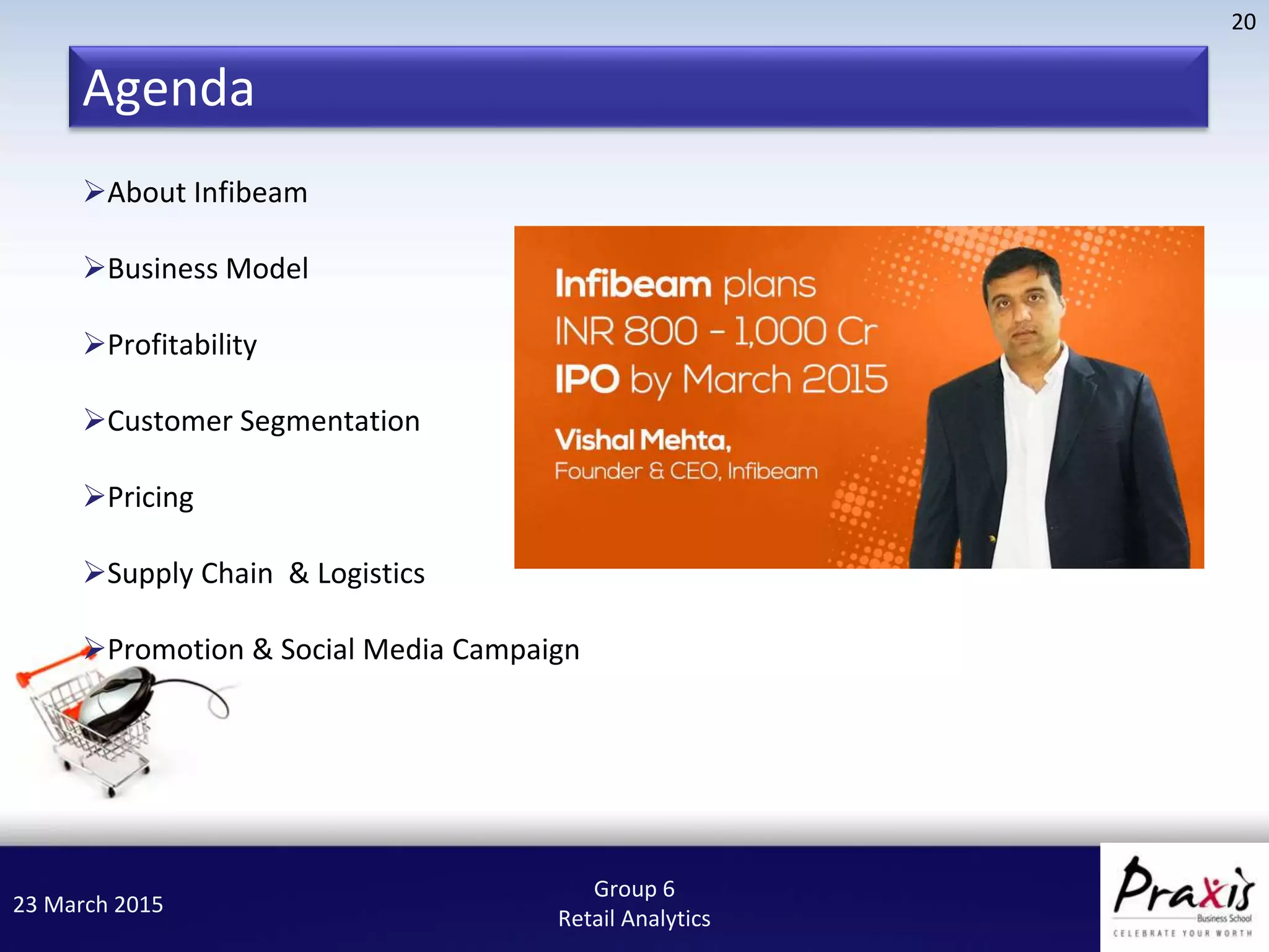 23 March 2015
20
Group 6
Retail Analytics
About Infibeam
Business Model
Profitability
Customer Segmentation
Pricing
Supply Chain & Logistics
Promotion & Social Media Campaign
Agenda
 