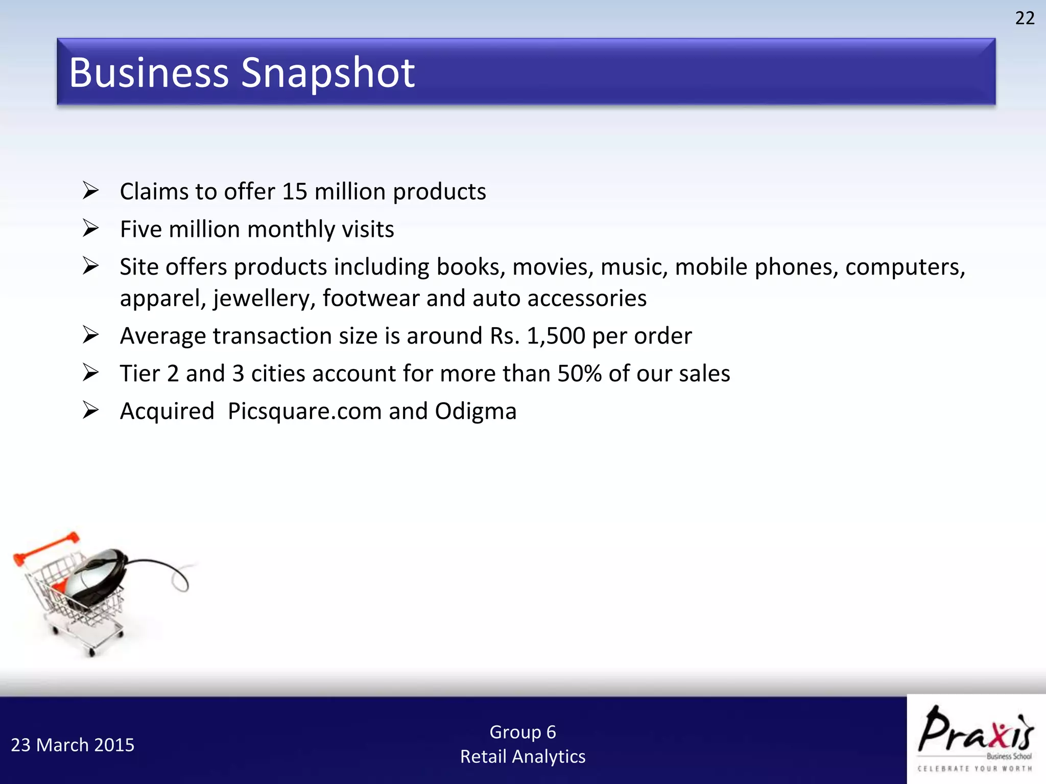 23 March 2015
22
Group 6
Retail Analytics
Business Snapshot
 Claims to offer 15 million products
 Five million monthly visits
 Site offers products including books, movies, music, mobile phones, computers,
apparel, jewellery, footwear and auto accessories
 Average transaction size is around Rs. 1,500 per order
 Tier 2 and 3 cities account for more than 50% of our sales
 Acquired Picsquare.com and Odigma
 