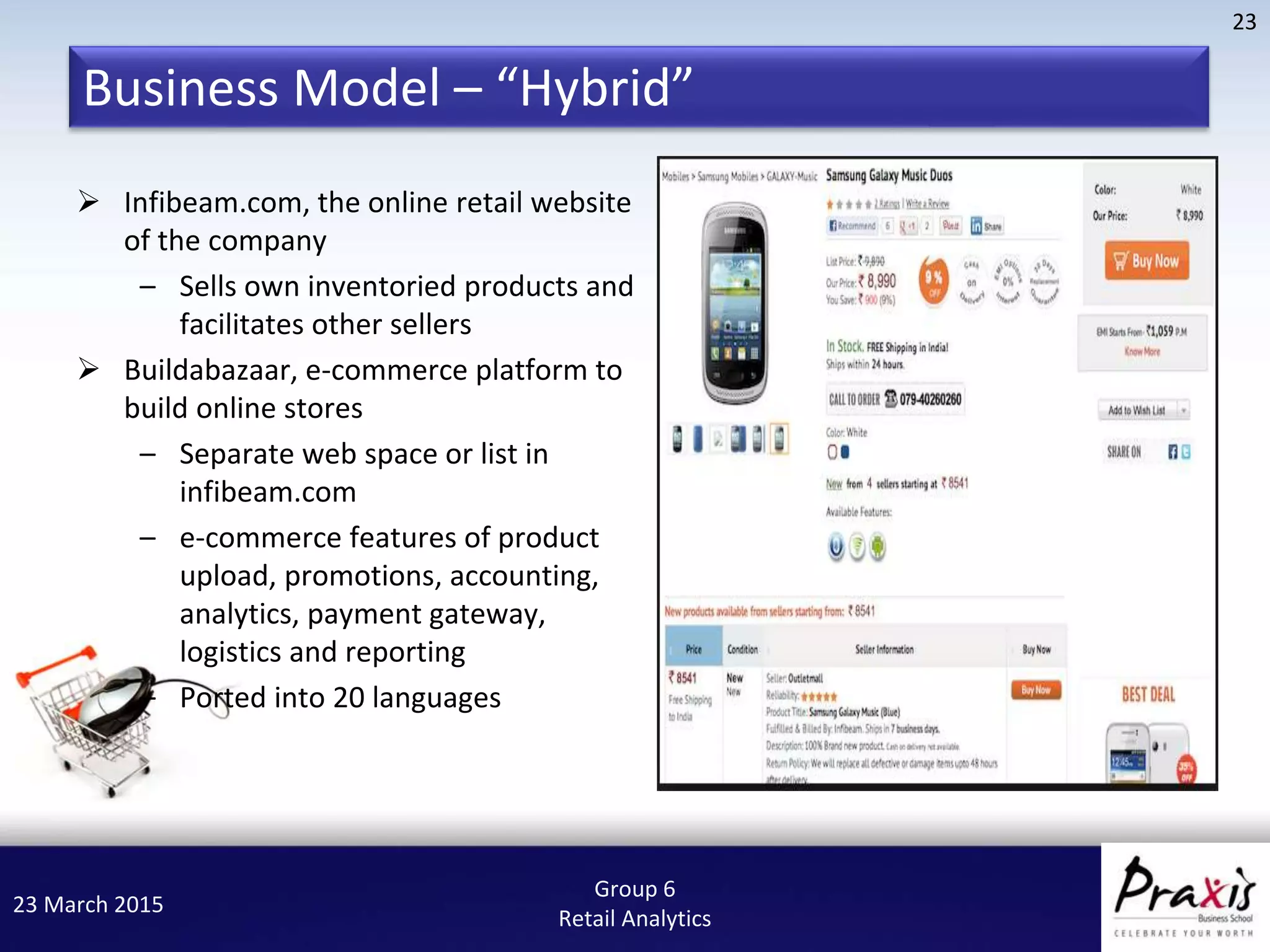 23 March 2015
23
Group 6
Retail Analytics
Business Model – “Hybrid”
 Infibeam.com, the online retail website
of the company
– Sells own inventoried products and
facilitates other sellers
 Buildabazaar, e-commerce platform to
build online stores
– Separate web space or list in
infibeam.com
– e-commerce features of product
upload, promotions, accounting,
analytics, payment gateway,
logistics and reporting
– Ported into 20 languages
 
