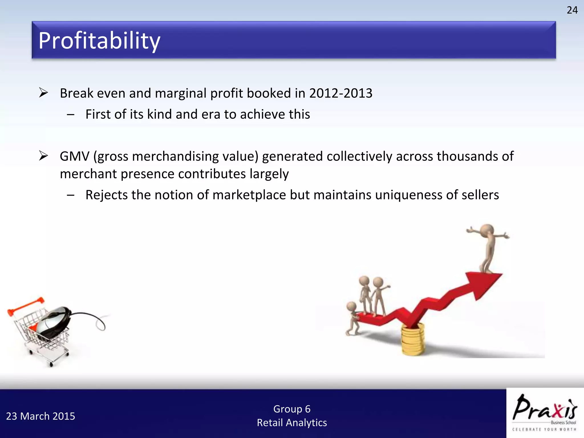 23 March 2015
24
Group 6
Retail Analytics
Profitability
 Break even and marginal profit booked in 2012-2013
– First of its kind and era to achieve this
 GMV (gross merchandising value) generated collectively across thousands of
merchant presence contributes largely
– Rejects the notion of marketplace but maintains uniqueness of sellers
 