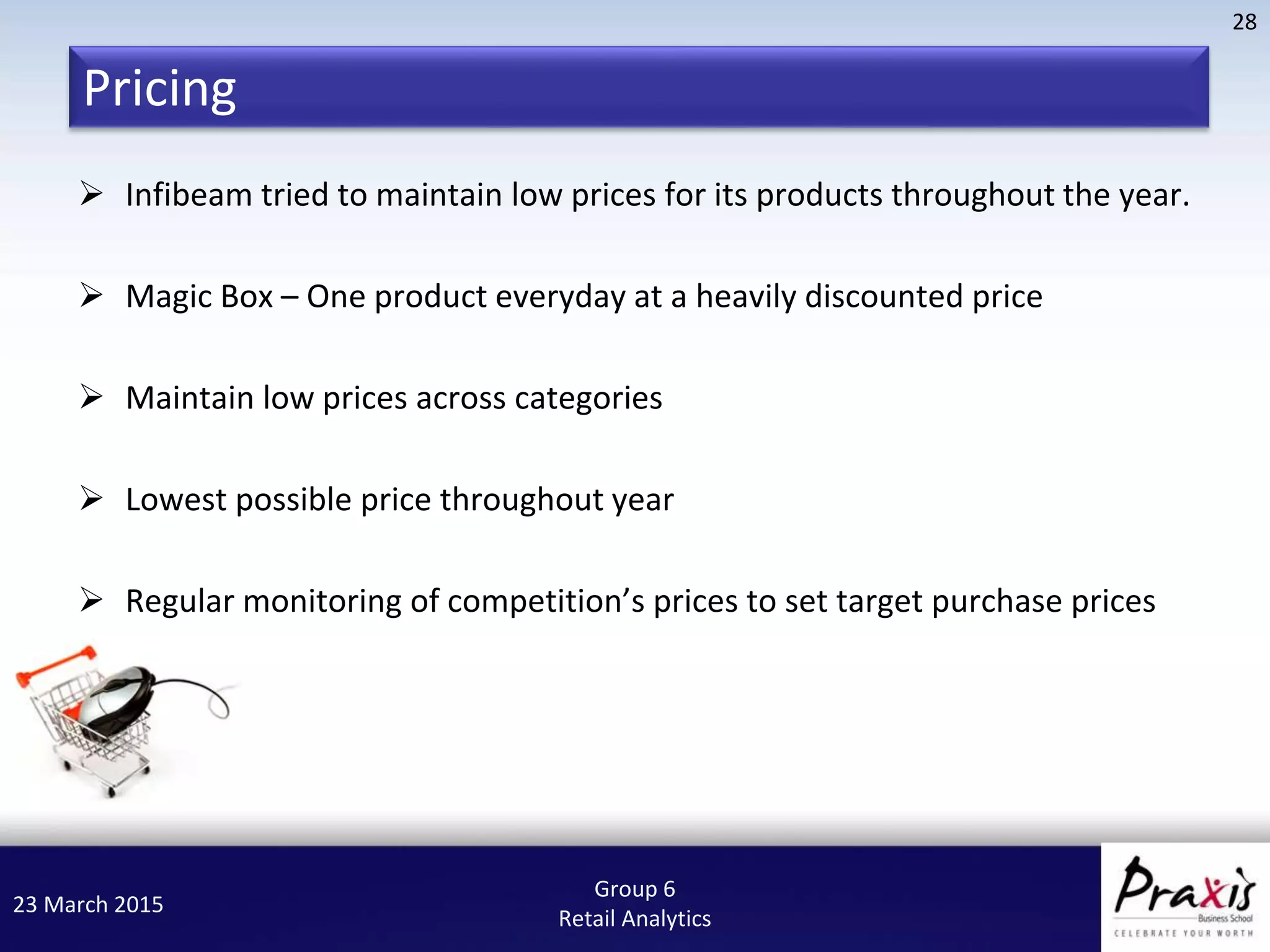 23 March 2015
28
Group 6
Retail Analytics
Pricing
 Infibeam tried to maintain low prices for its products throughout the year.
 Magic Box – One product everyday at a heavily discounted price
 Maintain low prices across categories
 Lowest possible price throughout year
 Regular monitoring of competition’s prices to set target purchase prices
 