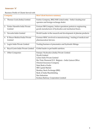 3
Annexure ‘A’
Business Profile of Clients Served with
Company Brief client business summary
1. Thomas Cook (India) Limited Fairfax Company, BSE/NSE Listed entity - India’s leading tour
operator and foreign exchange dealer.
2. Parker Hannifin India Private
Limited
Fortune 500 Company. Indian operations pertain to engineering
goods manufacturer of hydraulics and mechanical hoses.
3. Novartis India Limited World Leader in the research and development of pharma products.
4. B. Braun Medical India Private
Limited
German MNC involved in manufacturing / trading of medical and
pharmaceutical devices.
5. Legris India Private Limited Trading business of pneumatics and hydraulic fittings.
6. Royal Canin India Private Limited Global leader in pet health nutrition.
7. Other Companies Enerpac Hydraulics (India) Private Limited
Wyeth Limited
Lintas India Private Limited
Rio Tinto Diamond N.V. Belgium – India Liaison Office
Oriental Insurance Company
State Bank of India
SBI Capital Market
Bombay Stock Exchange (BSE)
Bank of India Shareholding
Star Industries
Konkan Railway Corporation Limited
 