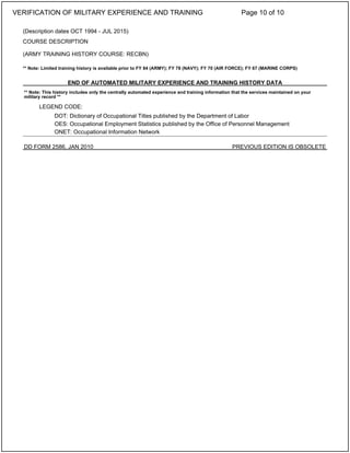 (Description dates OCT 1994 - JUL 2015)
COURSE DESCRIPTION
(ARMY TRAINING HISTORY COURSE: RECBN)
** Note: Limited training history is available prior to FY 84 (ARMY); FY 78 (NAVY); FY 70 (AIR FORCE); FY 67 (MARINE CORPS)
END OF AUTOMATED MILITARY EXPERIENCE AND TRAINING HISTORY DATA
** Note: This history includes only the centrally automated experience and training information that the services maintained on your
military record **
LEGEND CODE:
DOT: Dictionary of Occupational Titles published by the Department of Labor
OES: Occupational Employment Statistics published by the Office of Personnel Management
ONET: Occupational Information Network
DD FORM 2586, JAN 2010 PREVIOUS EDITION IS OBSOLETE
VERIFICATION OF MILITARY EXPERIENCE AND TRAINING Page 10 of 10
 